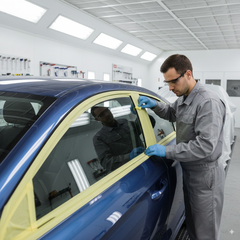 worker applying yellow masking tape along car door edges before painting.