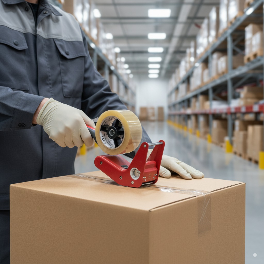 warehouse staff sealing box with clear packing tape dispenser.