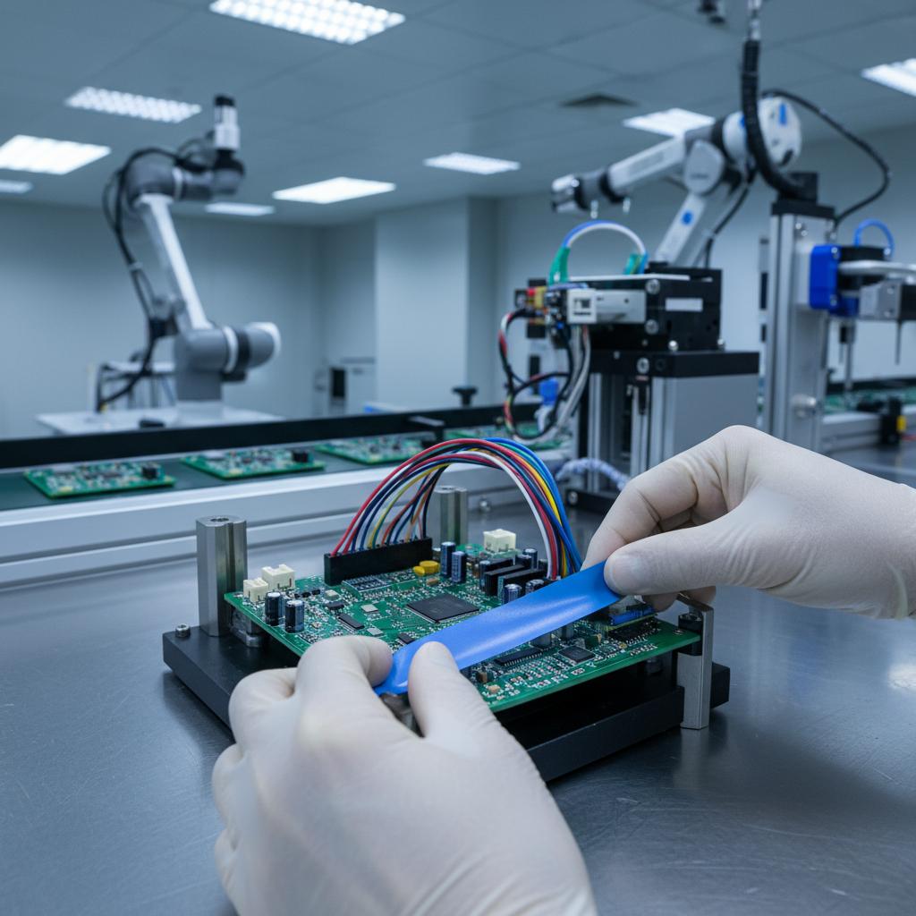 technician using blue PVC electrical tape on wires in a control panel.
