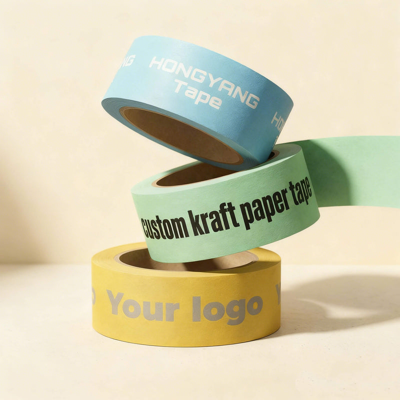 Three rolls of custom kraft paper tape with visible branding on a beige background
