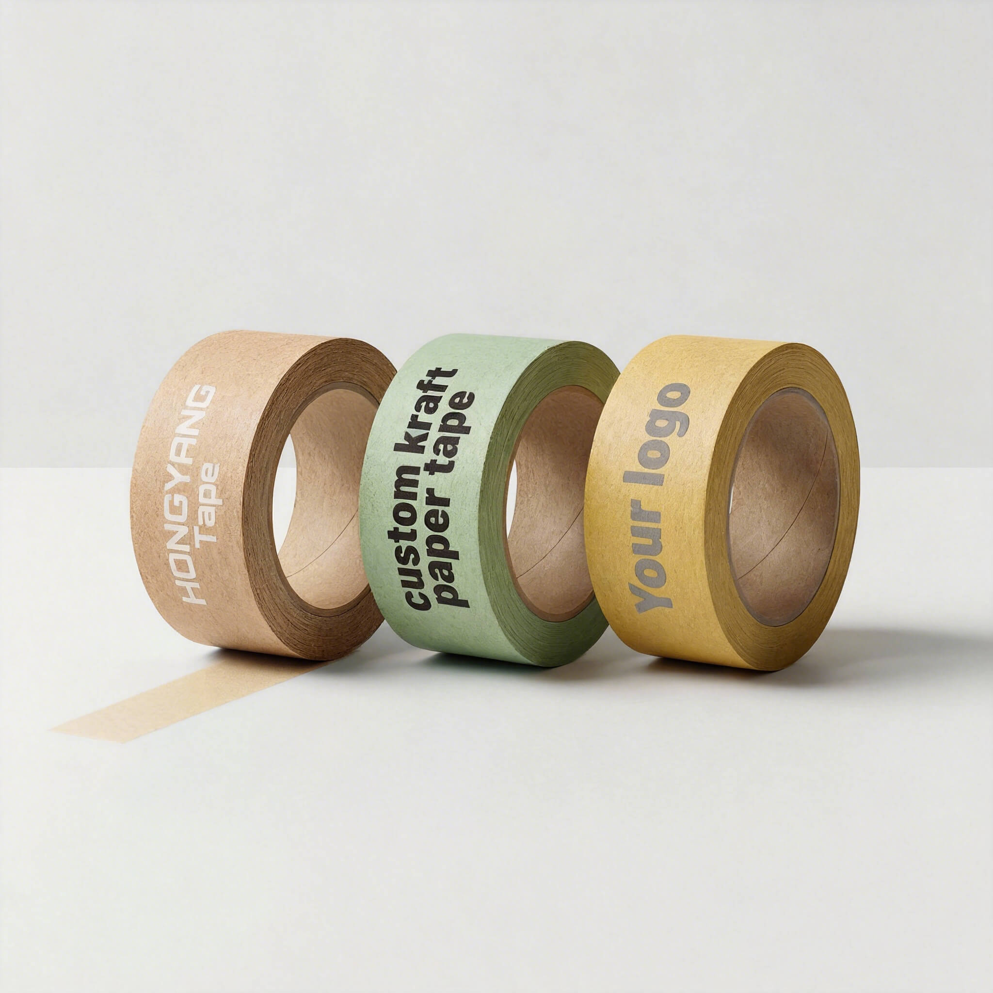 Three rolls of custom kraft paper tape on a light gray background